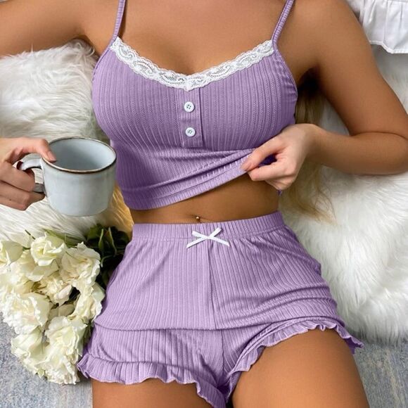 Contrast Lace Top and Shorts Pajama Sleepwear Set - Picture 8 of 9